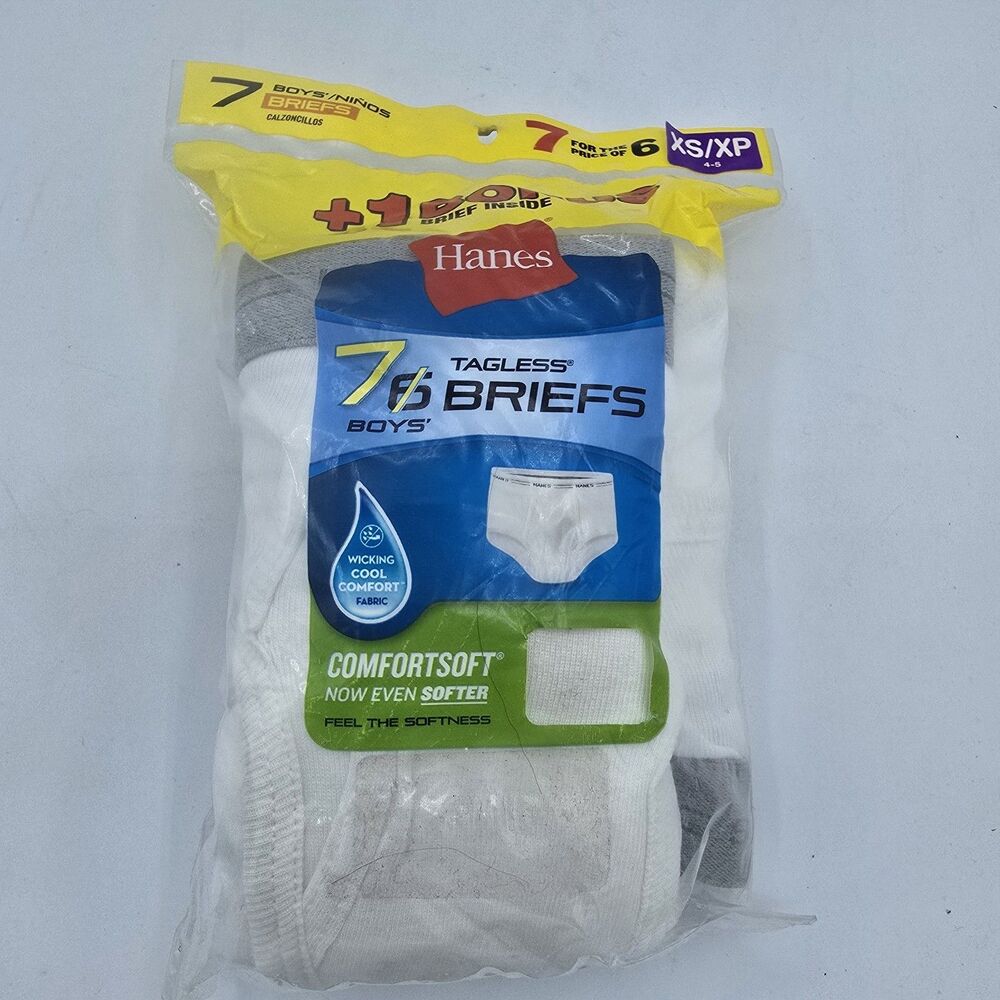 Hanes Boys White 100% Cotton 7-Pk Briefs Underwear - New Xs 4-5
